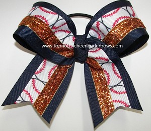 Baseball Navy Blue Orange Glitter Hair Bow 