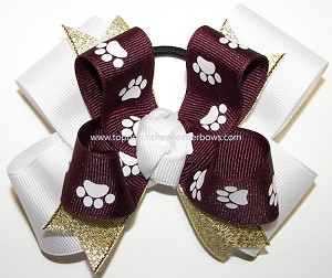Maroon White Gold Paw Print Hair Bow 