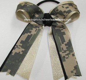 Camo Digi Green Black Gold Ponytail Bow 