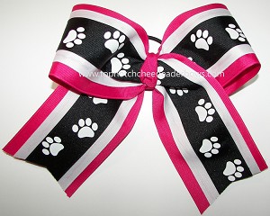 Paw Print Black Hot Pink Cheer Bow 