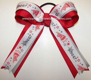Cheer Print Red Gray Ponytail Bow 