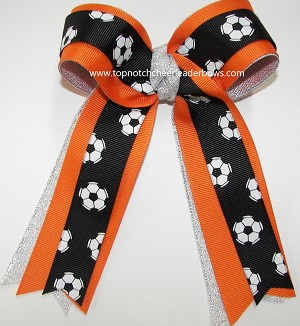 Soccer Black Orange Silver Ponytail Bow 