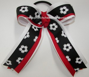 Soccer Black Red White Glitter Ponytail Bow 