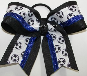 Soccer Black Royal Blue Glitter Cheer Bow 