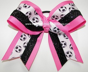 Soccer Bubblegum Pink Black Glitter Hair Bow 