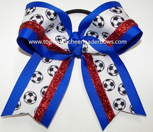 Glitter Soccer Electric Blue Red Ponytail Bow 