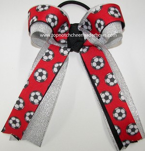 Sparkly Soccer Red Black Silver Ponytail Bow 