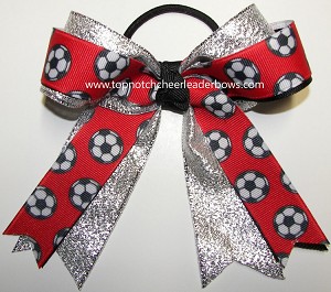 Sparkly Soccer Red Black Silver Ponytail Bow 