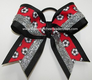 Soccer Red Black Silver Glitter Hair Bow 