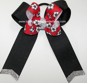 Soccer Red Black Silver Ponytail Bow 
