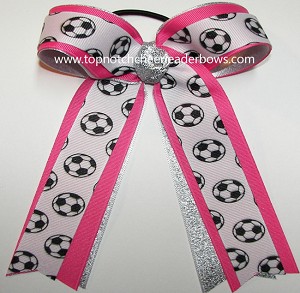Sparkly Soccer Hot Pink Silver Ponytail Bow 