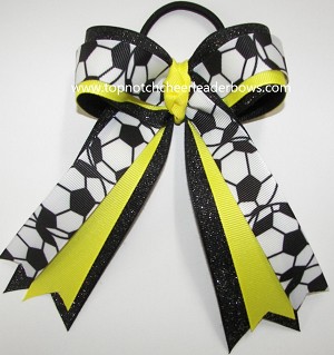 Soccer Yellow Black Glitter Ponytail Bow 