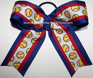 Softball Red Blue Ponytail Holder Bow 
