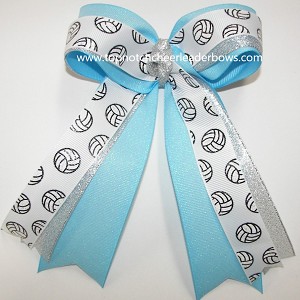 Glitter Volleyball Silver Blue Ponytail Bow 