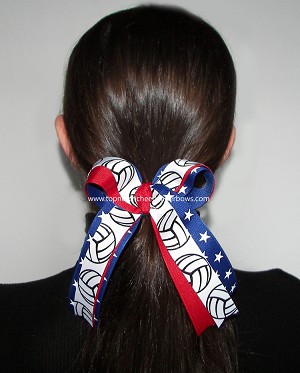 Volleyball Red White Blue Stars Ponytail Bow 